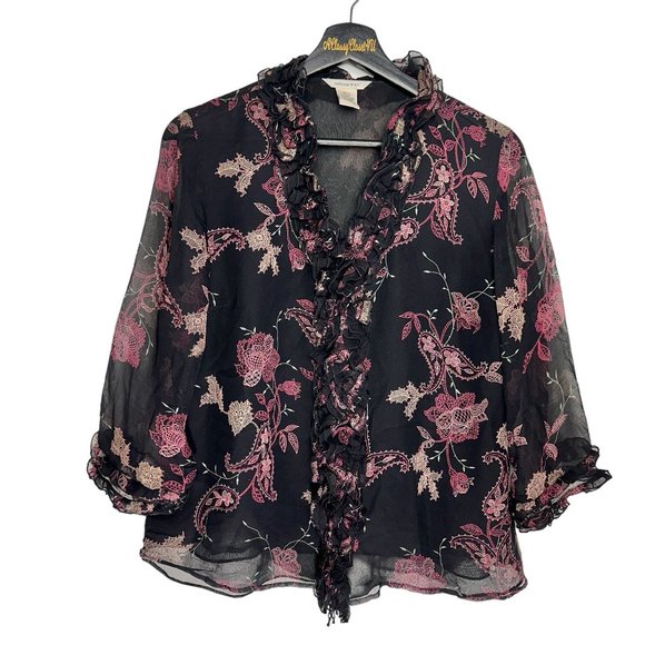 Malcolm & Co Silk Ruffle Button Front Black V-Neck Lined Blouse M - Picture 1 of 5